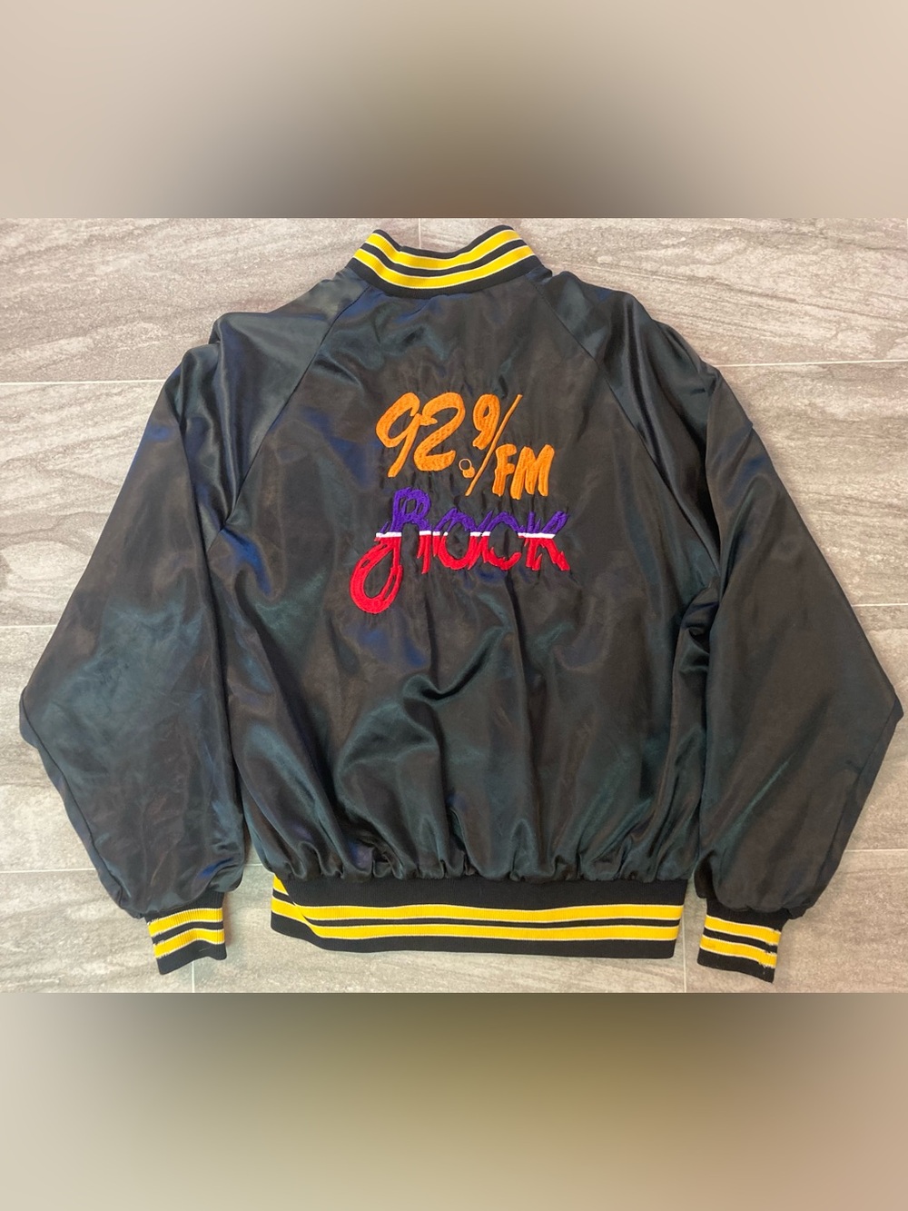 Vintage 1980s Satin Bomber Jacket 92.9 FM Rock Radio Station Stitched Logo Black